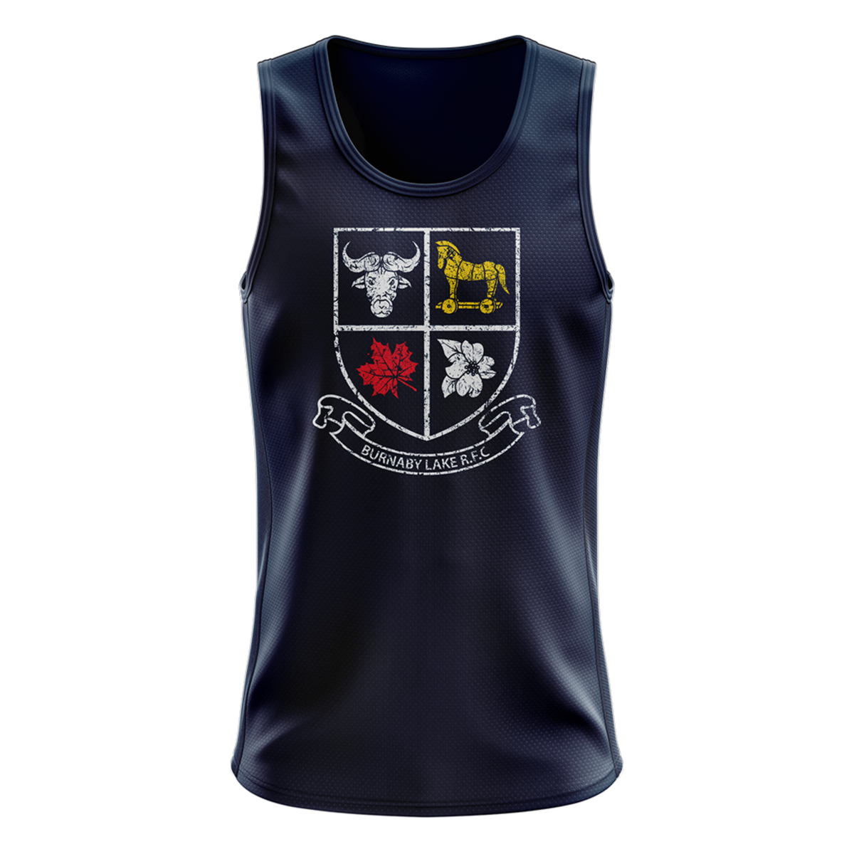 Burnaby Lake Rugby Club Singlet - Distressed Color Shield Logo -  Navy  - Available in adult Unisex Sizing XS-4XL