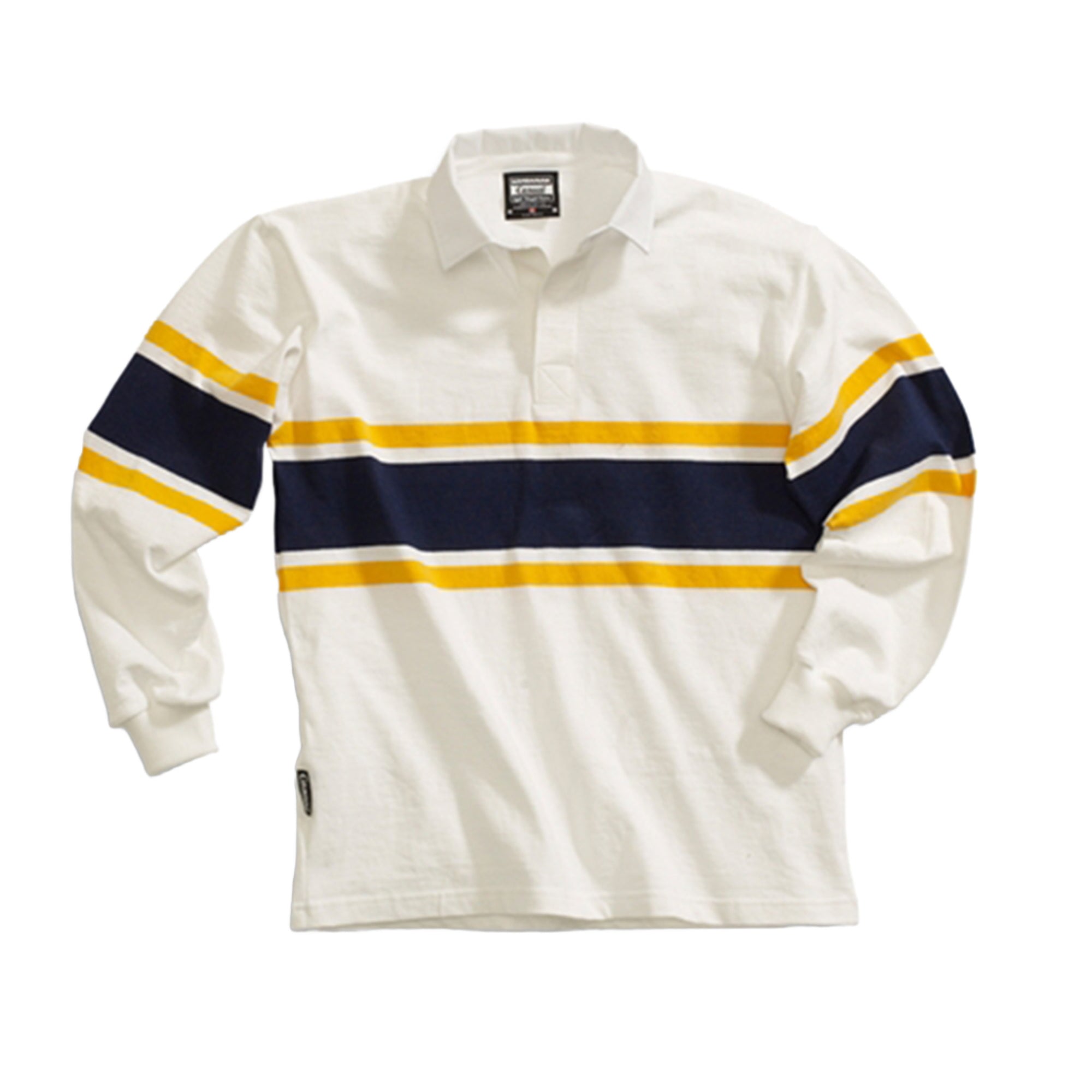 Long Sleeve Cotton Jersey white with yellow and blue strips in the middle. 