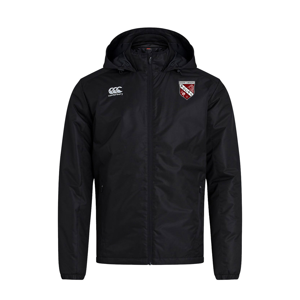 Canterbury Mens Club Vaposhield Stadium Jacket Black Front Gamecock Rugby Logo on Left Chest