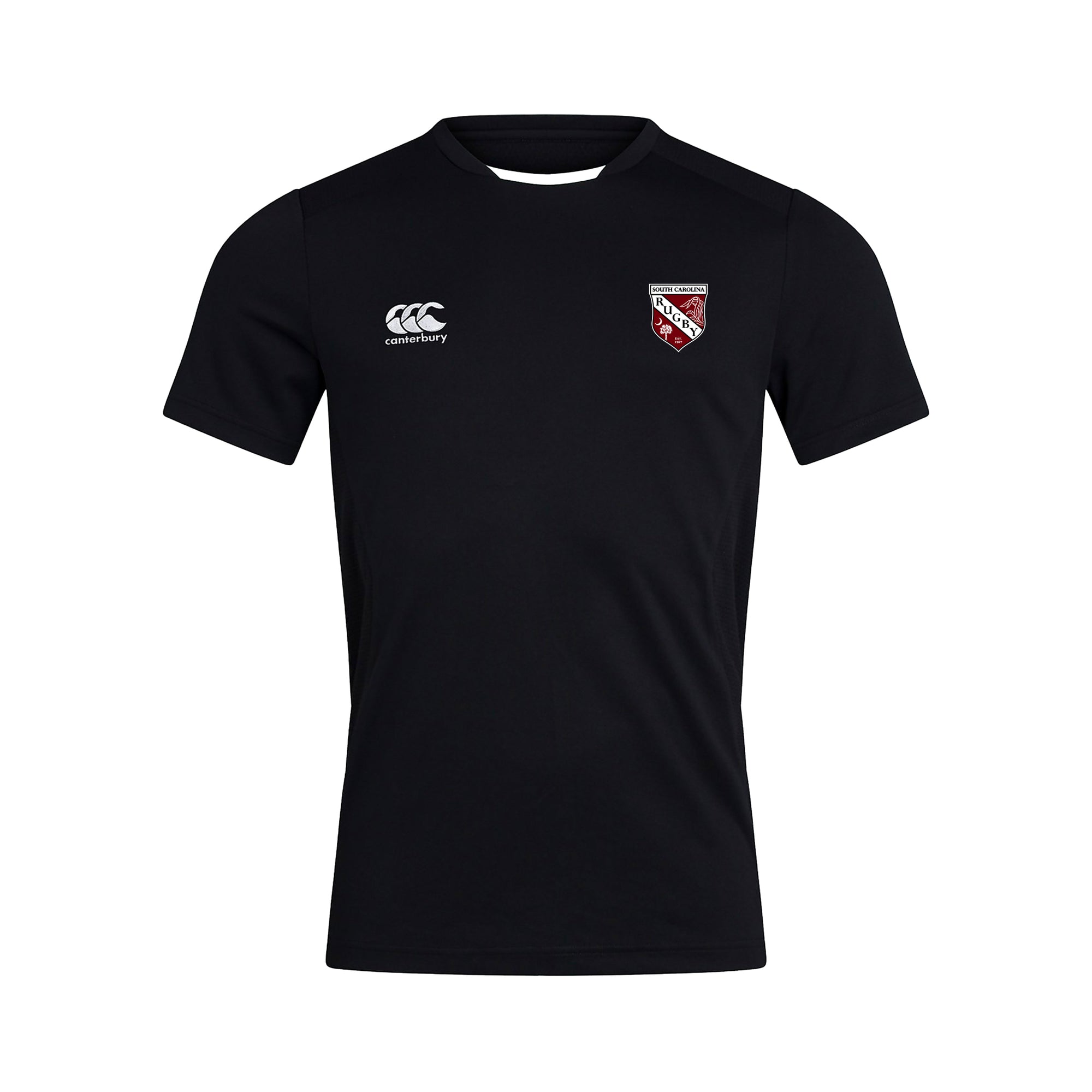 Canterbury Club Dry Tee Black with Gamecock Rugby Logo on left chest