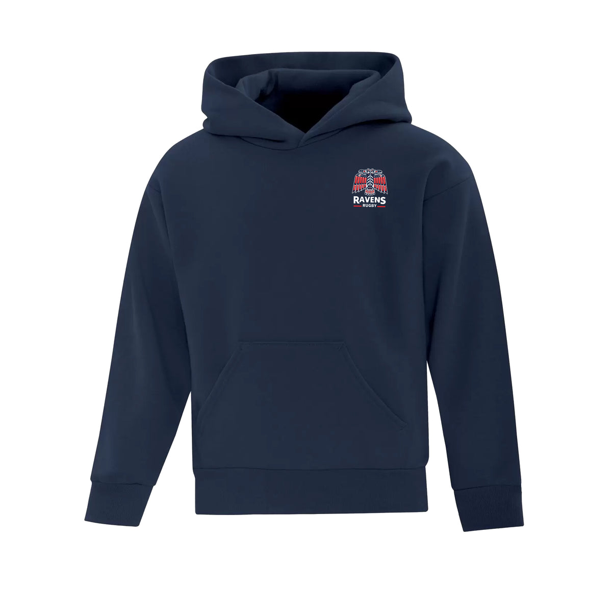 UBCOB Ravens Everyday Fleece Hooded Sweatshirt - Youth Unisex - Navy Front. UBCOB Ravens Logo on left chest. 