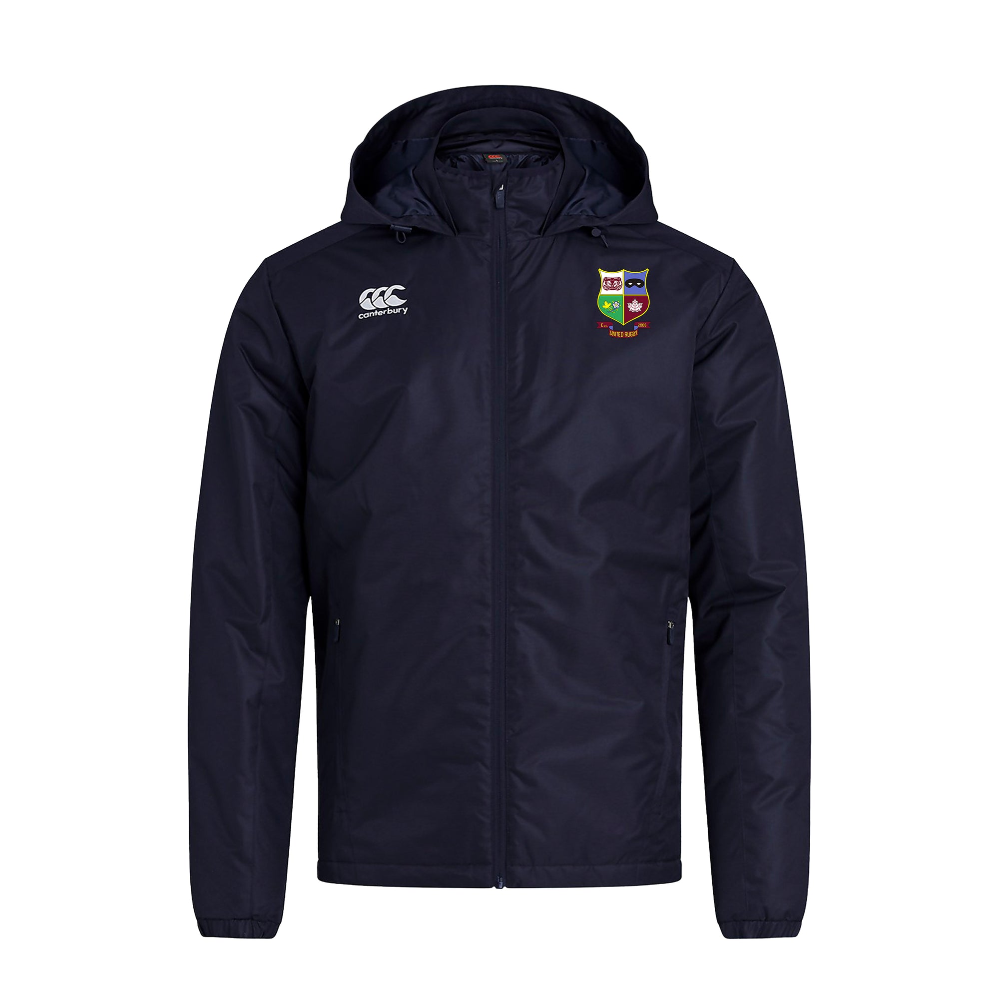 United Rugby Club Canterbury Stadium Jacket Navy Front. Canterbury logo on right and United Rugby Club Logo on left chest.