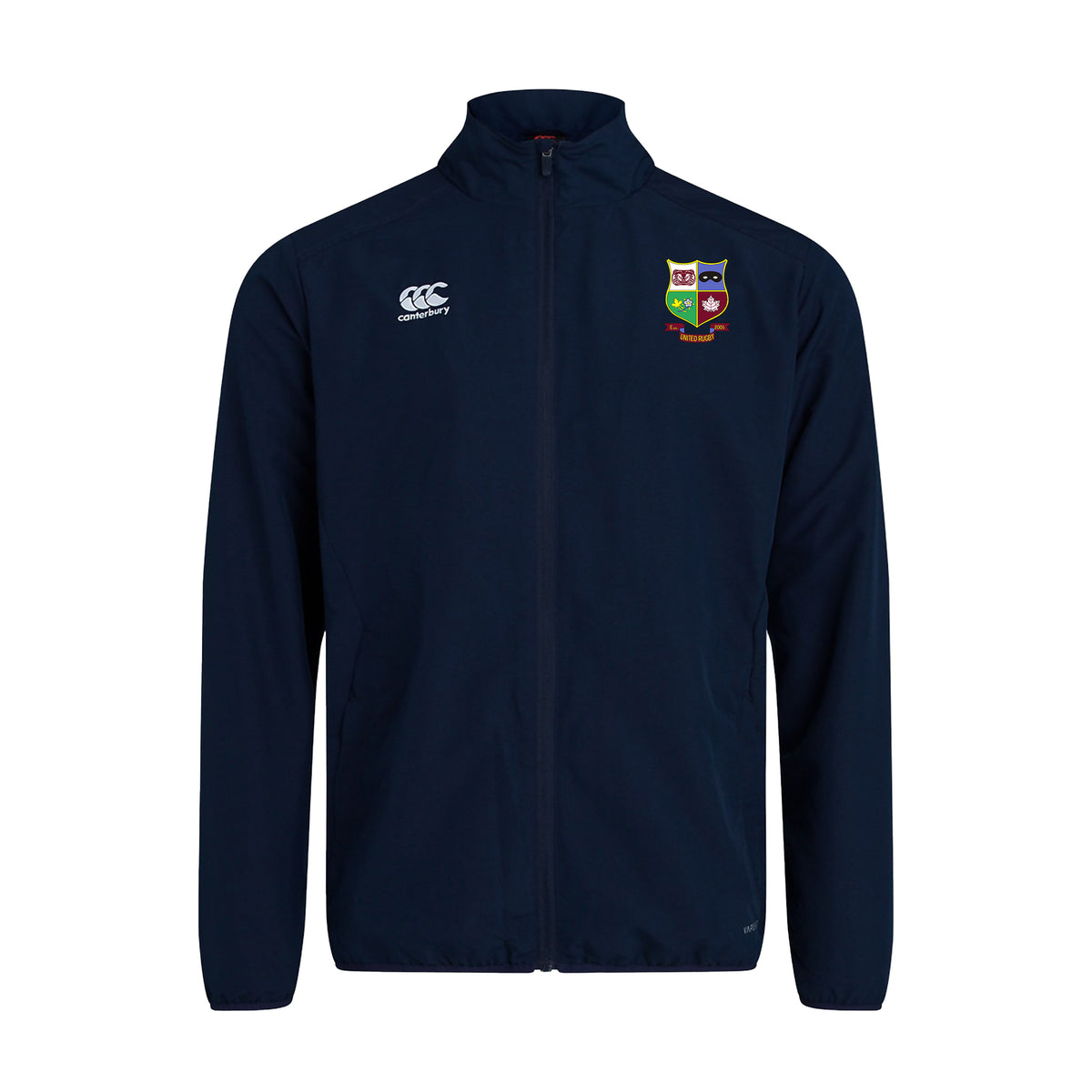 United Rugby Club Canterbury Track Jacket Navy Front. Canterbury Logo on right chest, United Rugby Club Logo on Left Chest. 