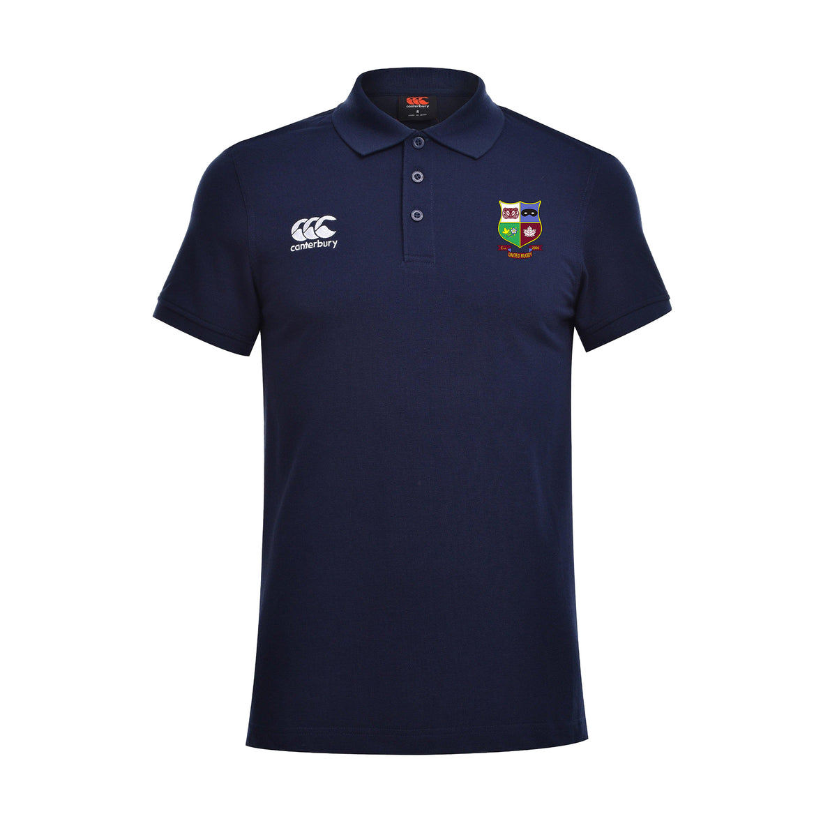 United Rugby Club Canterbury Waimak Polo Shirt navy Front. Canterbury logo on right chest. United Rugby Club logo on left chest. 