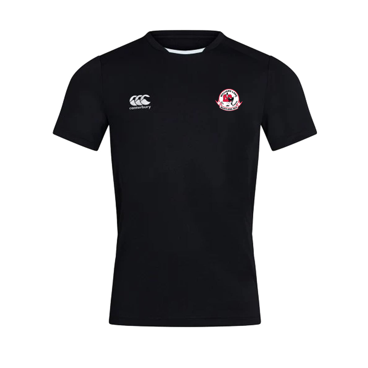 Williams Lake Rustler RFC Black Canterbury Club Dry Tee with Canterbury Logo on right and Williams Lake Rustler RFC Logo on left chest