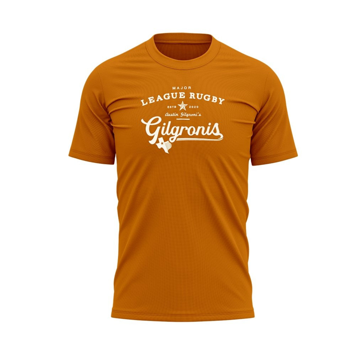 Front of orange AG Rugby t-shirt with Gilgronis logo on chest
