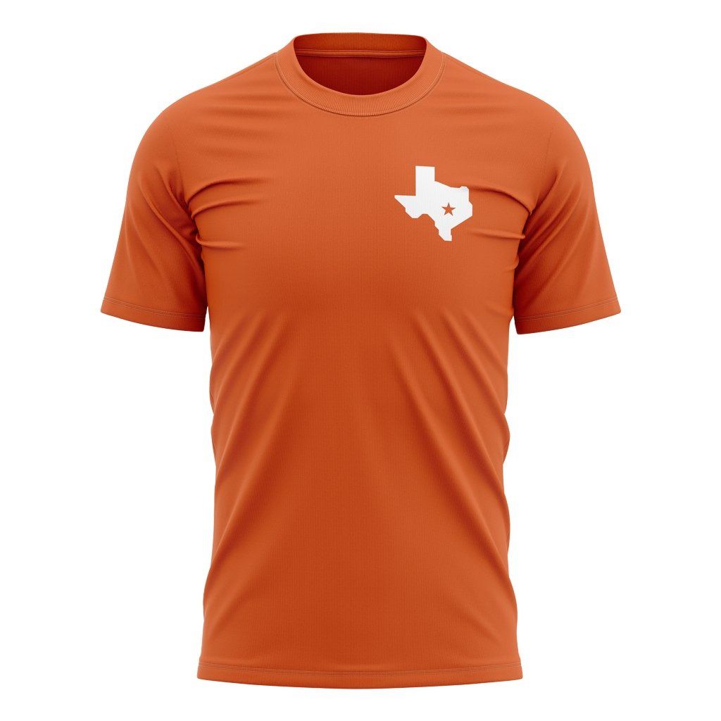 Orange AG Rugby t-shirt with texas state logo on left chest. 