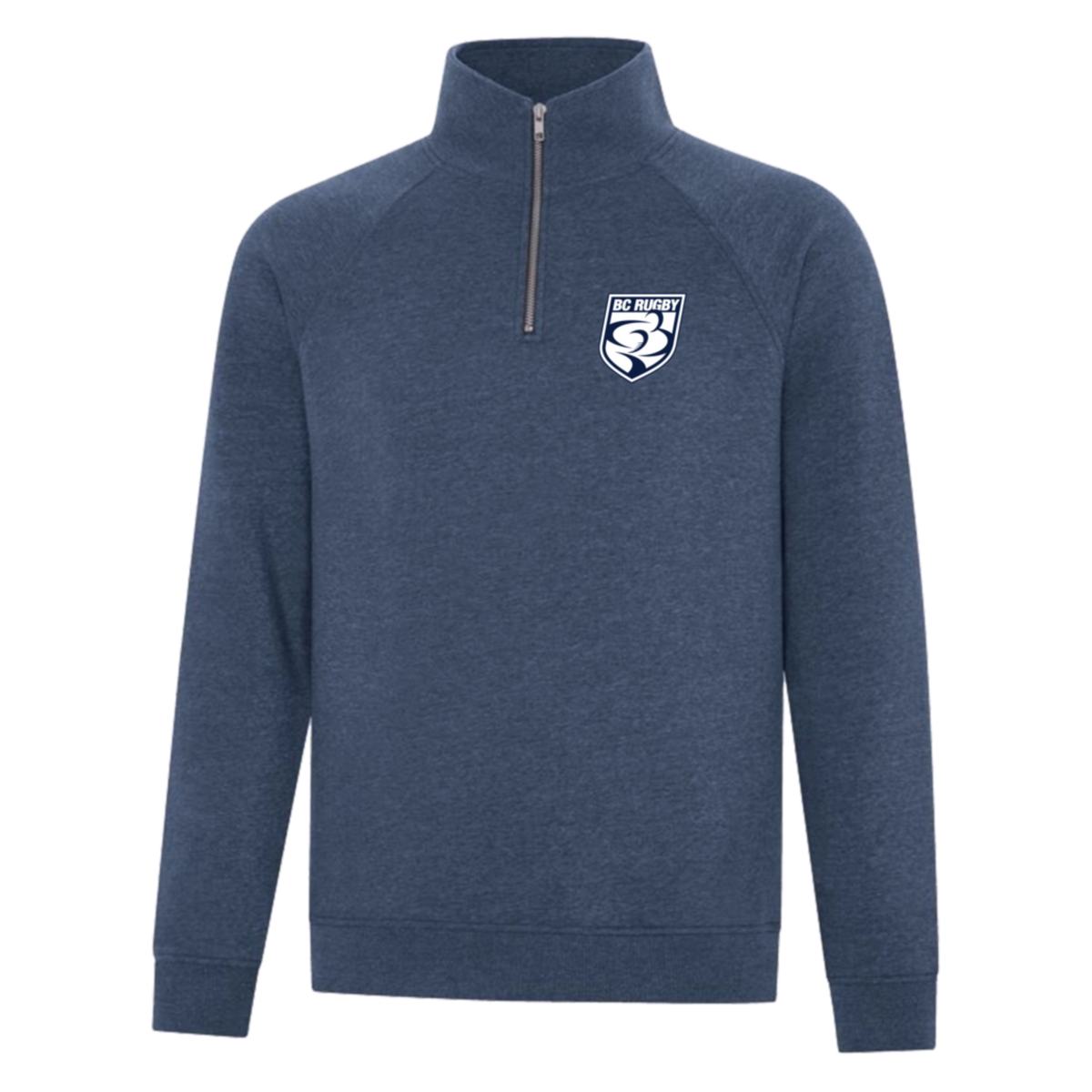 BC Rugby Shield 2022 1/4 Zip Sweater - www.therugbyshop.com www.therugbyshop.com MEN&#39;S / HEATHER NAVY w/ SHIELD / S XIX Brands HOODIES BC Rugby Shield 2022 1/4 Zip Sweater